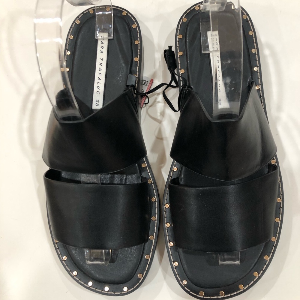 Zara Black Double-Strap Stud-Edge Slide Sandals